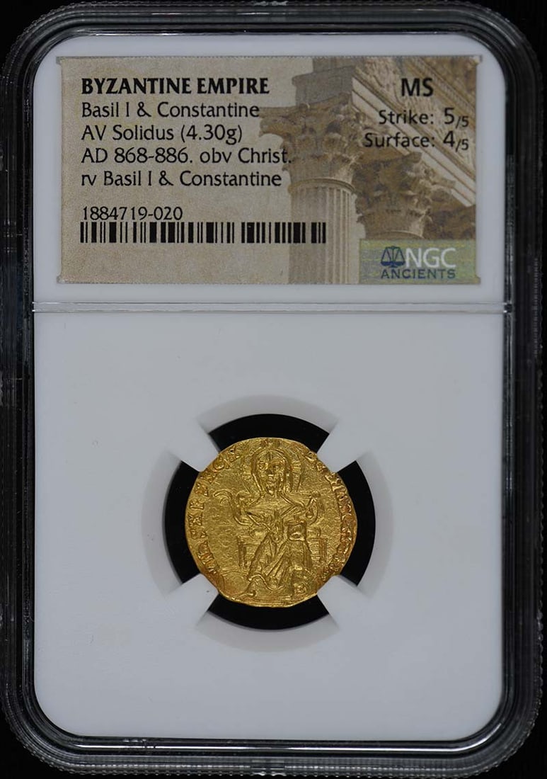 Basil I & Constantine Byzantine Empire AV Solidus NGC MS60 Coin: Basil I & Constantine Byzantine Empire AV Solidus NGC MS60 Coin This exquisite Byzantine Empire AV Solidus, featuring the emperors Basil I and Constantine, dates back to AD 868-886. It has been certif