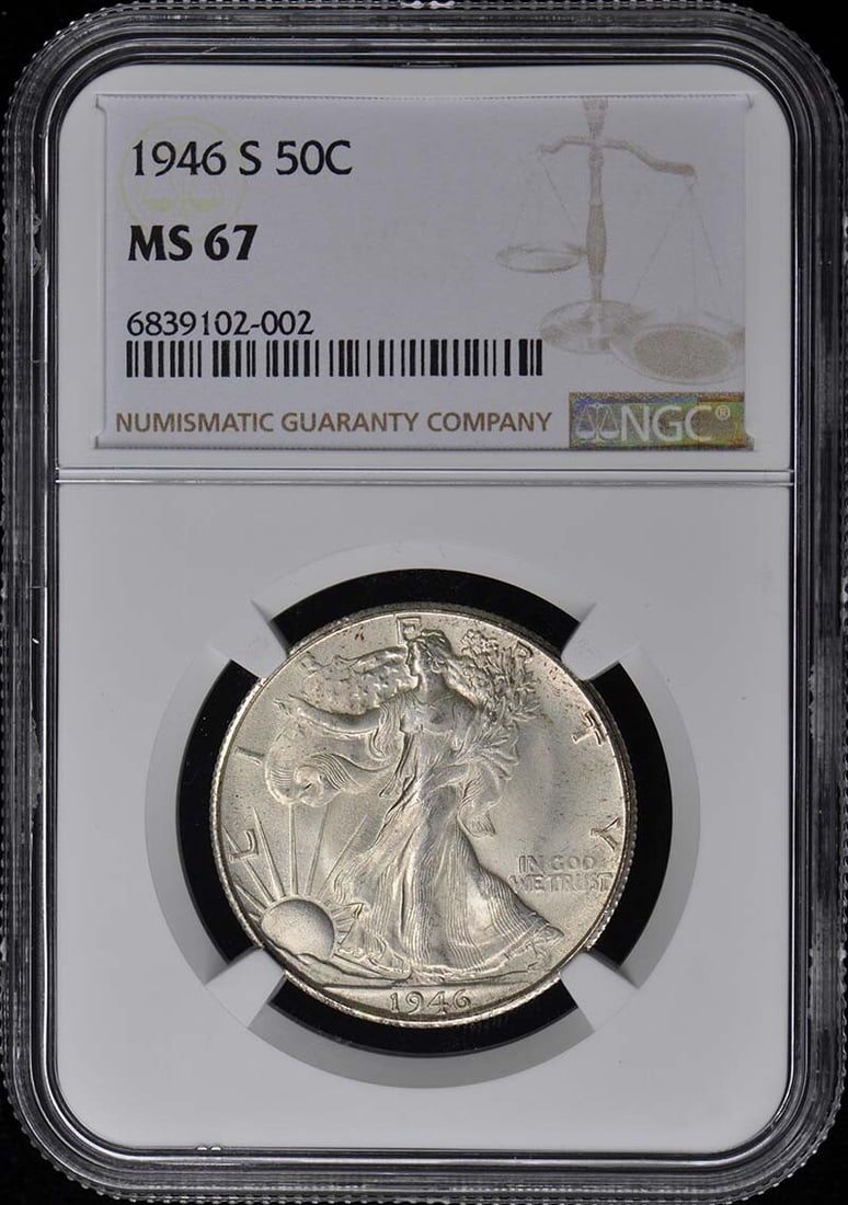 1946-S Walking Liberty Half Dollar NGC MS67 Uncirculated: 1946-S Walking Liberty Half Dollar NGC MS67 Uncirculated This 1946-S Walking Liberty Half Dollar is a stunning example of American coinage, certified by NGC with a remarkable grade of MS67. Struck in