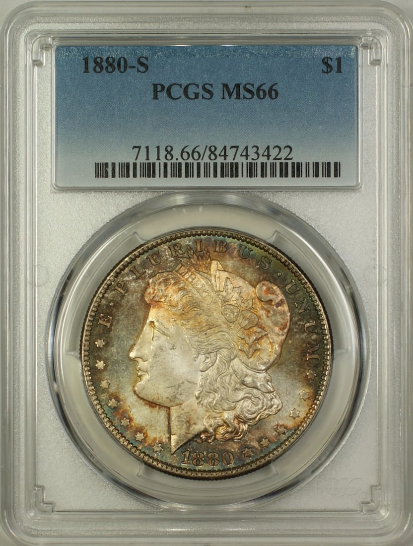 PCGS MS-66 1880-S Morgan Dollar Silver $1 Gem Toned Uncirculated Coin: PCGS MS-66 1880-S Morgan Dollar Silver $1 Gem Toned Uncirculated Coin This 1880-S Morgan Silver Dollar is a $1 coin struck at the San Francisco Mint. Graded MS 66 by PCGS, it features attractive tonin