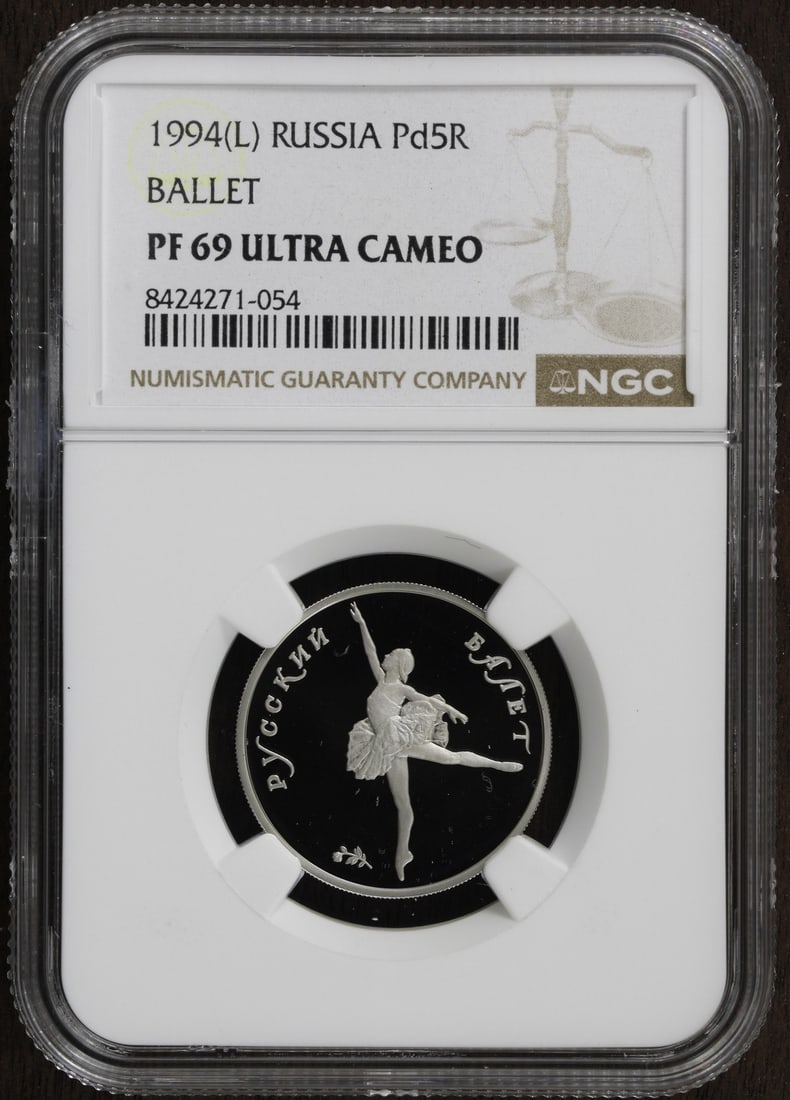 Russia 1994 Ballerina 5 Rouble 1/4 oz Palladium Proof NGC PF69 Coin: Russia 1994 Ballerina 5 Rouble 1/4 oz Palladium Proof NGC PF69 Coin This 1994 Russian Ballerina coin features a proof finish, struck in 0.999 fine palladium with a weight of 1/4 oz. Certified by NGC w
