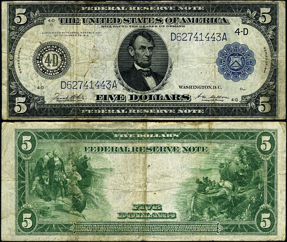 1914 $5 Federal Reserve Note Cleveland Type B Variety VF Circulated Example (1 of 3)