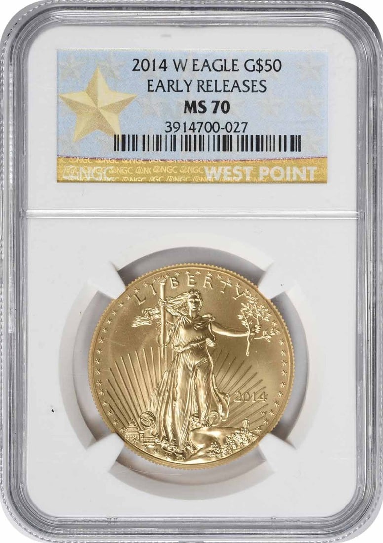 2014-W American Eagle $50 Gold Burnished MS70 NGC Early Releases: 2014-W American Eagle $50 Gold Burnished MS70 NGC Early Releases This 2014-W $50 American Gold Eagle is a burnished coin graded MS70 by NGC with Early Releases designation. Struck at the West Point Mi