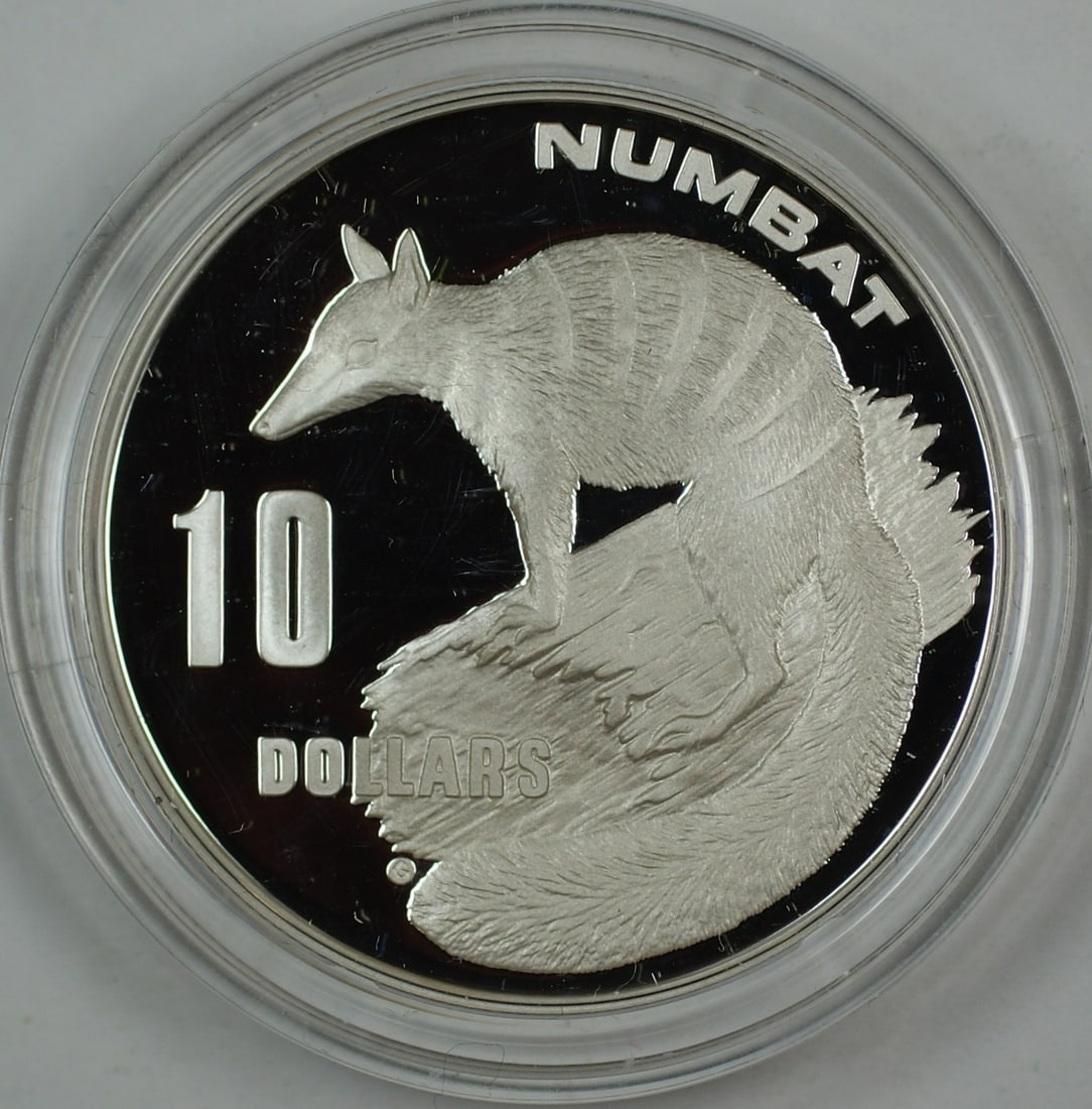 1995 Numbat $10 Sterling Silver Proof Coin with Box and COA from Australia: 1995 Numbat $10 Sterling Silver Proof Coin with Box and COA from Australia This 1995 Australia $10 commemorative coin from the "Australia's Endangered Species" collection features the Numbat and is st