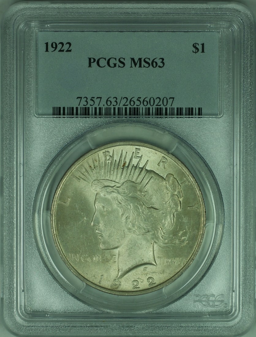 PCGS MS63 Peace Dollar 1922 Silver Coin Philadelphia Mint: PCGS MS63 Peace Dollar 1922 Silver Coin Philadelphia Mint This is a 1922 Peace Silver Dollar $1 coin, certified by PCGS with a grade of MS-63. Minted in Philadelphia, this uncirculated coin is compose