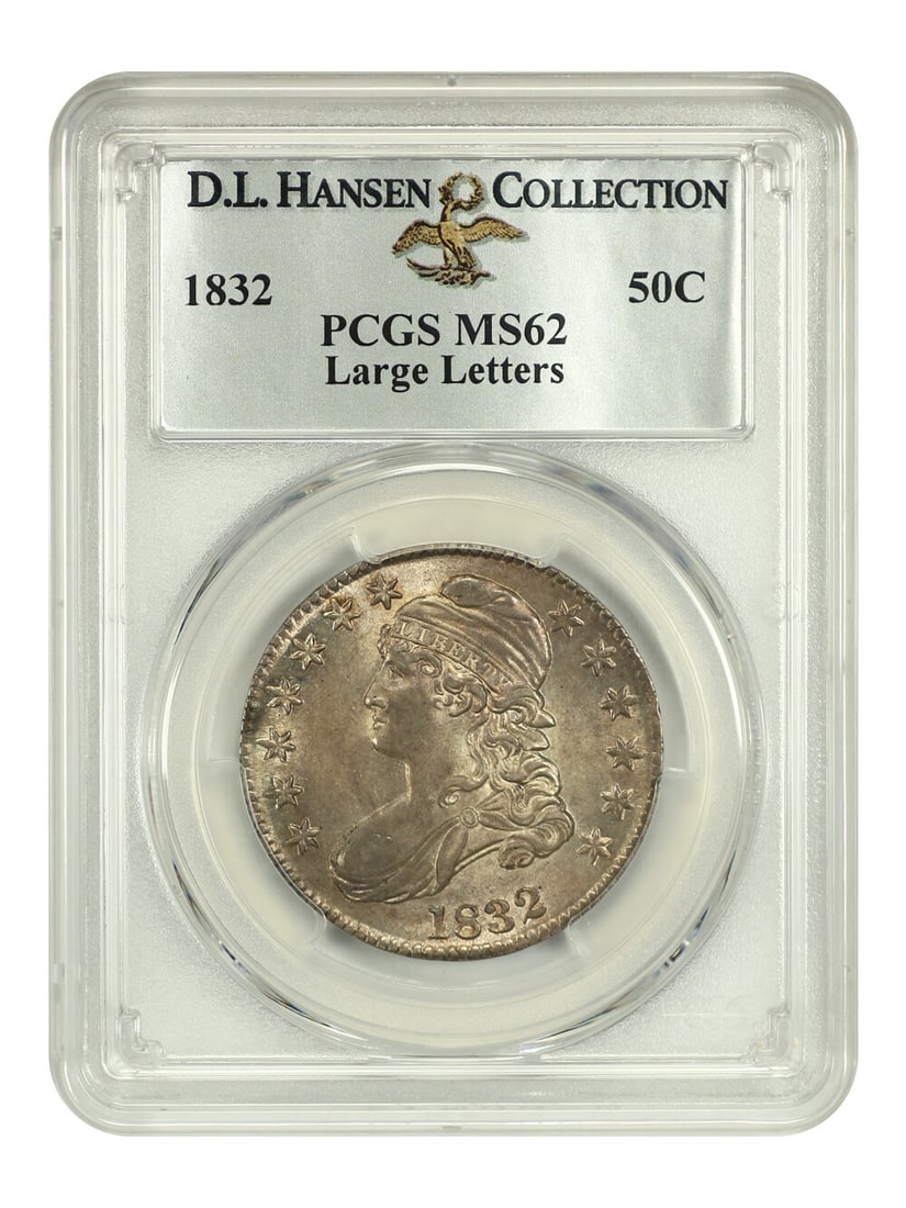 1832 Capped Bust Half Dollar 50C PCGS MS62 Large Letters: 1832 Capped Bust Half Dollar 50C PCGS MS62 Large Letters This stunning 1832 Capped Bust Half Dollar is graded MS62 by PCGS, indicating it is in uncirculated condition. Struck in Philadelphia, this coi