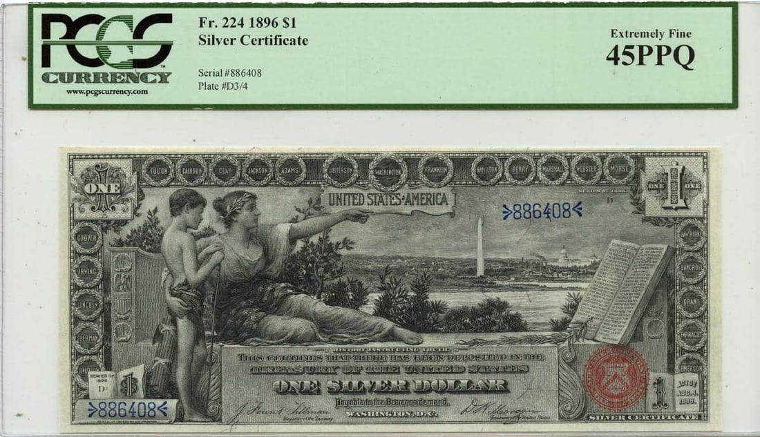 1896 $1 Silver Certificate FR#224 PCGS XF45 PPQ Choice: 1896 $1 Silver Certificate FR#224 PCGS XF45 PPQ Choice This 1896 $1 Silver Certificate FR#224 is graded by PCGS as XF45, denoting its excellent condition with appealing eye appeal and minimal wear. As