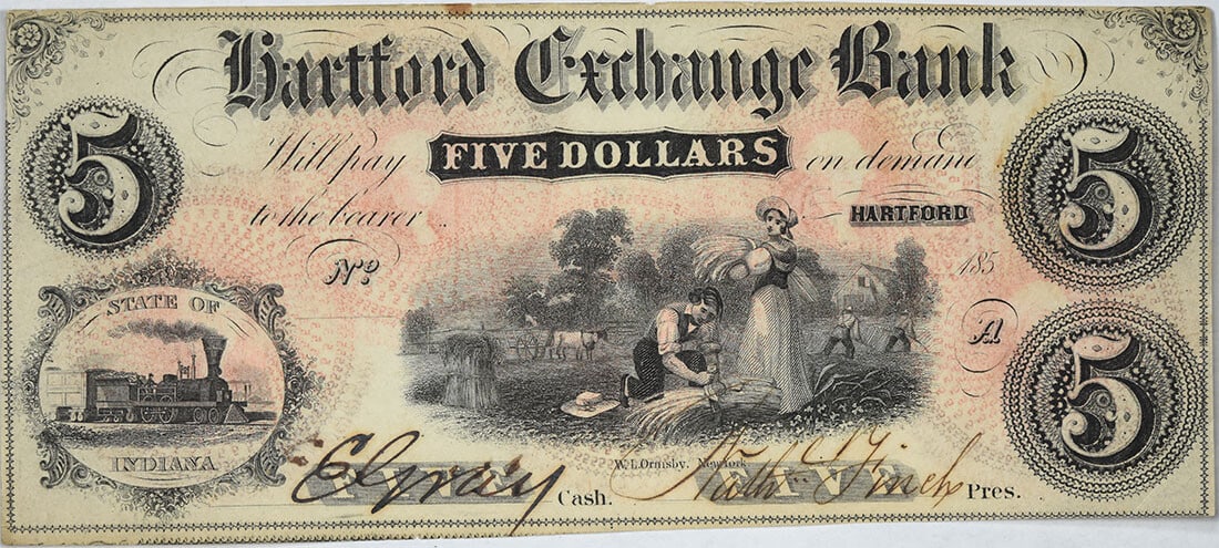 1870 Uncirculated $5 Hartford Exchange Bank Indiana Note Uncertified (1 of 2)