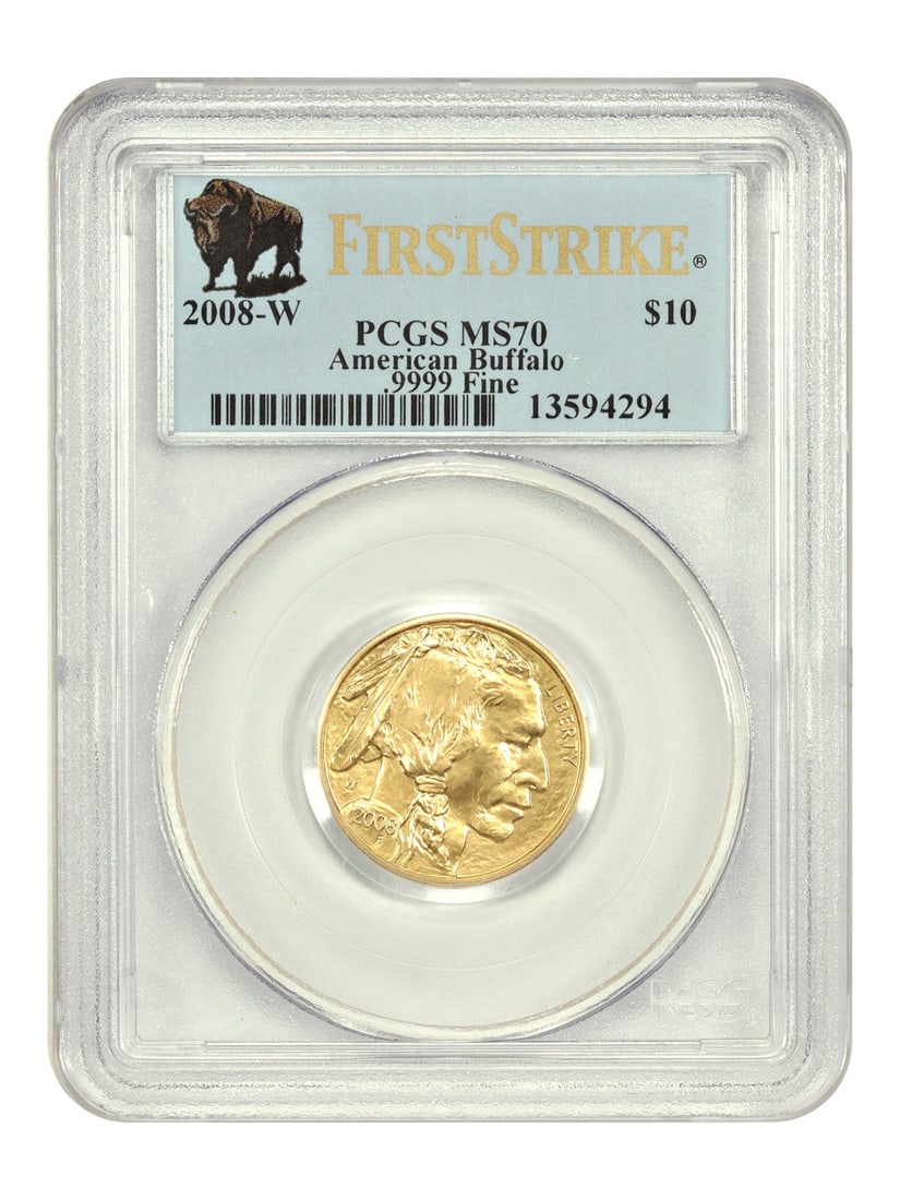 2008-W $10 Gold Buffalo PCGS MS70 First Strike Quarter Ounce Coin: 2008-W $10 Gold Buffalo PCGS MS70 First Strike Quarter Ounce Coin This 2008-W $10 Burnished Gold Buffalo coin features 1/4 oz of gold and is part of the American Buffalo series. Certified by PCGS with