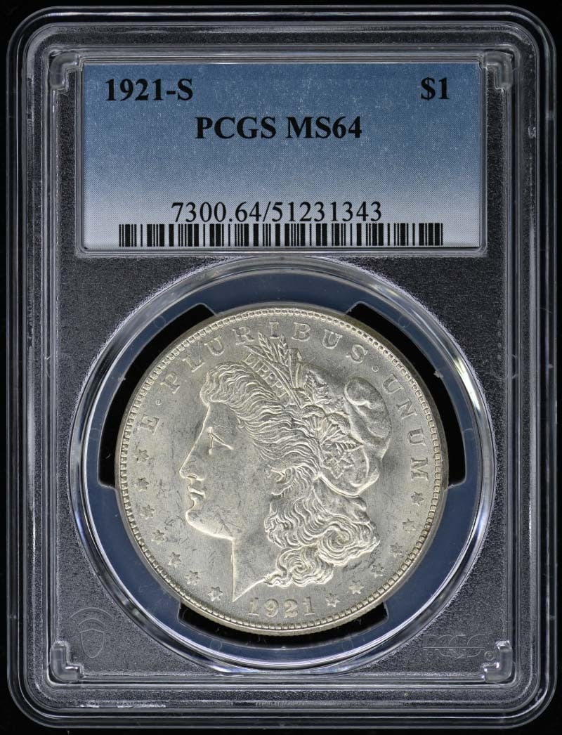 1921-S Morgan Dollar PCGS Certified MS64 Uncirculated: 1921-S Morgan Dollar PCGS Certified MS64 Uncirculated This 1921-S Morgan Dollar is an exceptional addition for any coin collector. Graded MS64 by PCGS, this uncirculated coin showcases the artistry of
