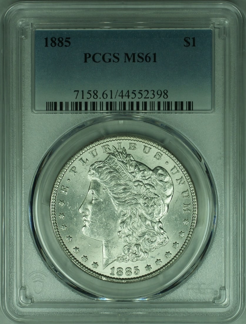 PCGS MS-61 Certified 1885 Morgan Dollar Silver Coin from Philadelphia: PCGS MS-61 Certified 1885 Morgan Dollar Silver Coin from Philadelphia This 1885 Morgan Silver Dollar is a $1 coin from the United States, minted in Philadelphia. Certified by PCGS with a grade of MS 6