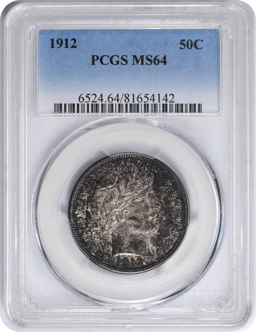 1912 Barber Half Dollar MS64 PCGS Uncirculated 90% Silver Coin: 1912 Barber Half Dollar MS64 PCGS Uncirculated 90% Silver Coin This 1912 Barber Silver Half Dollar is graded MS64 by PCGS, indicating its uncirculated condition. Struck at the Philadelphia Mint, this