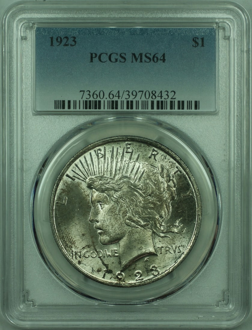 PCGS Certified 1923 Silver Peace Dollar MS-64 Light Toning: PCGS Certified 1923 Silver Peace Dollar MS-64 Light Toning This is a 1923 Peace Silver Dollar $1 coin certified by PCGS with a grade of MS-64. The coin is composed of 90% silver, was minted in Philade