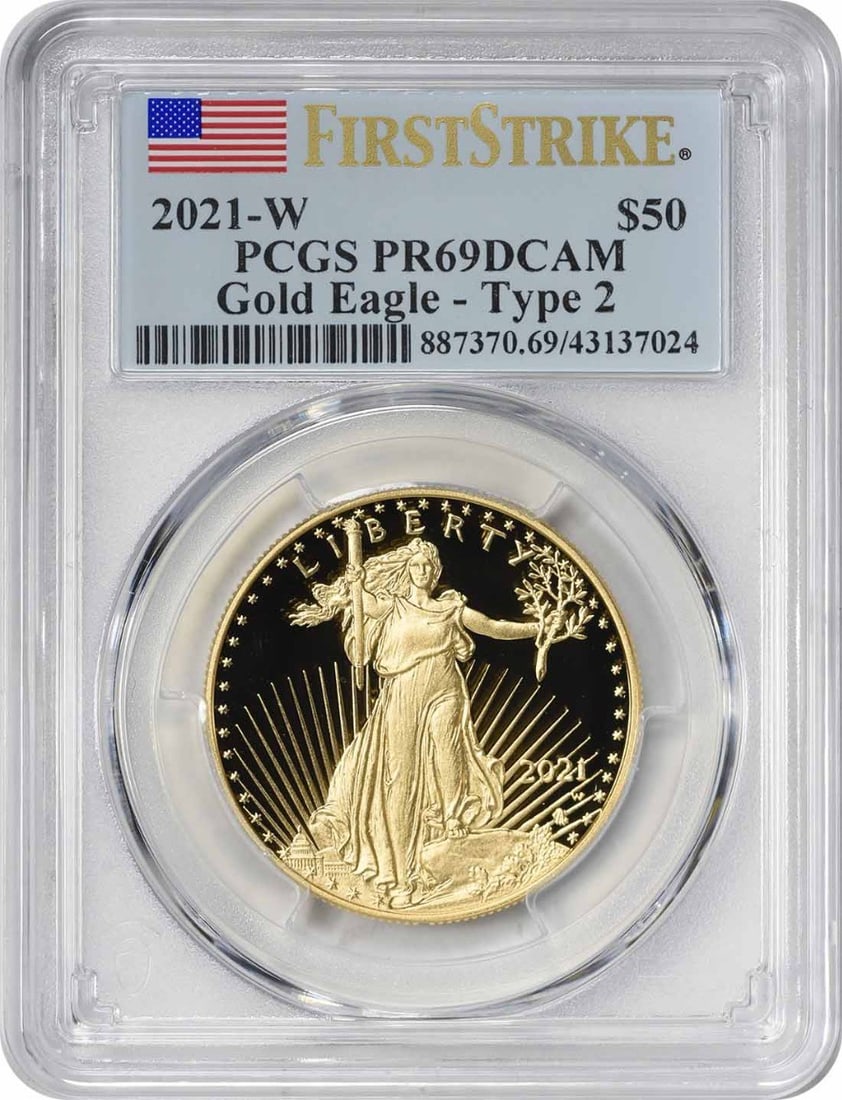 2021-W $50 American Gold Eagle Type 2 Proof PR69DCAM PCGS: 2021-W $50 American Gold Eagle Type 2 Proof PR69DCAM PCGS This exquisite 2021-W $50 American Proof Gold Eagle Type 2 coin showcases a remarkable design and premium quality. Struck at the West Point Mi