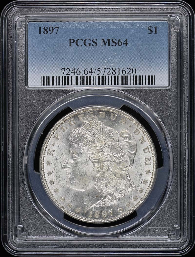 1897 Morgan Dollar PCGS MS64 Uncirculated Philadelphia Mint: 1897 Morgan Dollar PCGS MS64 Uncirculated Philadelphia Mint This 1897 $1 Morgan Dollar is a stunning example of American coinage, graded MS64 by PCGS, ensuring its high quality and uncirculated condit