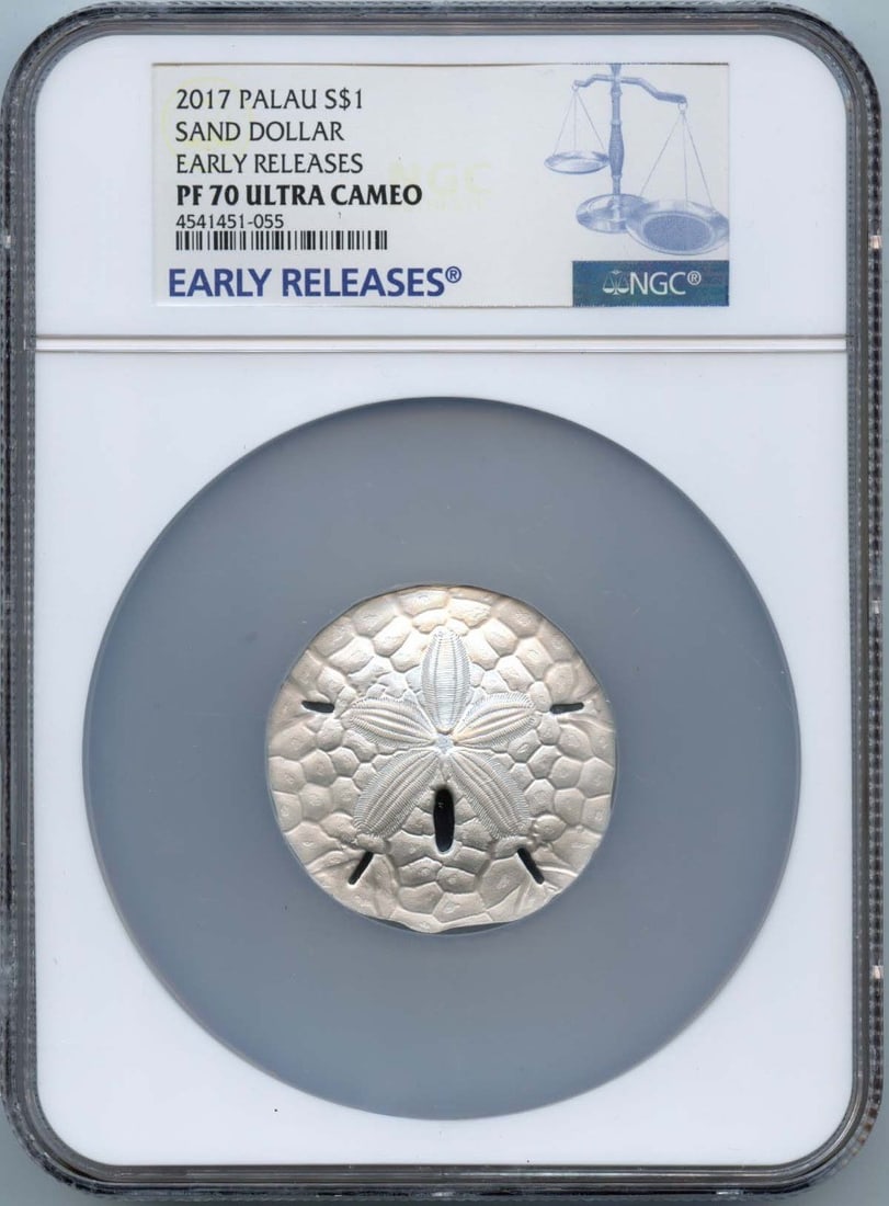 2017 Palau S$1 Sand Dollar NGC PR70DCAM Early Releases: 2017 Palau S$1 Sand Dollar NGC PR70DCAM Early Releases This 2017 Palau Sand Dollar coin is an exquisite example of numismatic artistry, graded PR70 by NGC, indicating it is in perfect condition. This