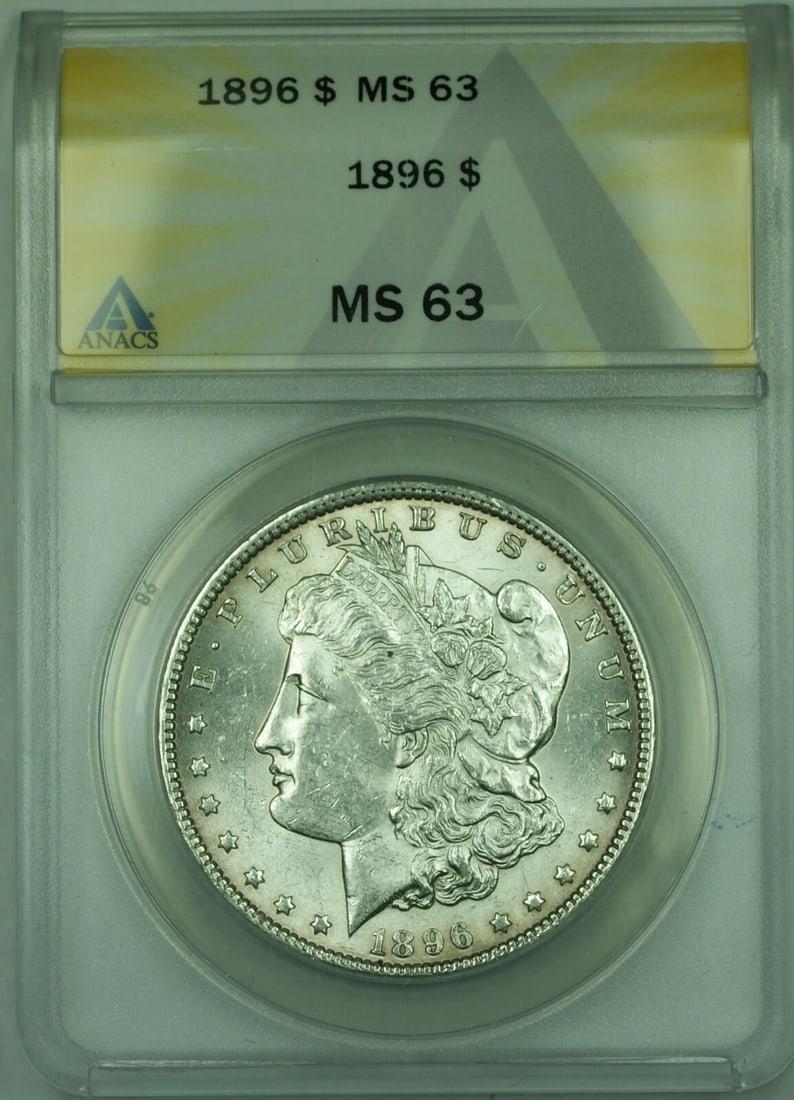 ANACS MS 63 1896 Silver Morgan Dollar Philadelphia Mint Certified $1 Coin: ANACS MS 63 1896 Silver Morgan Dollar Philadelphia Mint Certified $1 Coin This is an 1896 Morgan Silver Dollar $1 coin graded MS-63 by ANACS. The coin was minted in Philadelphia and remains uncirculat