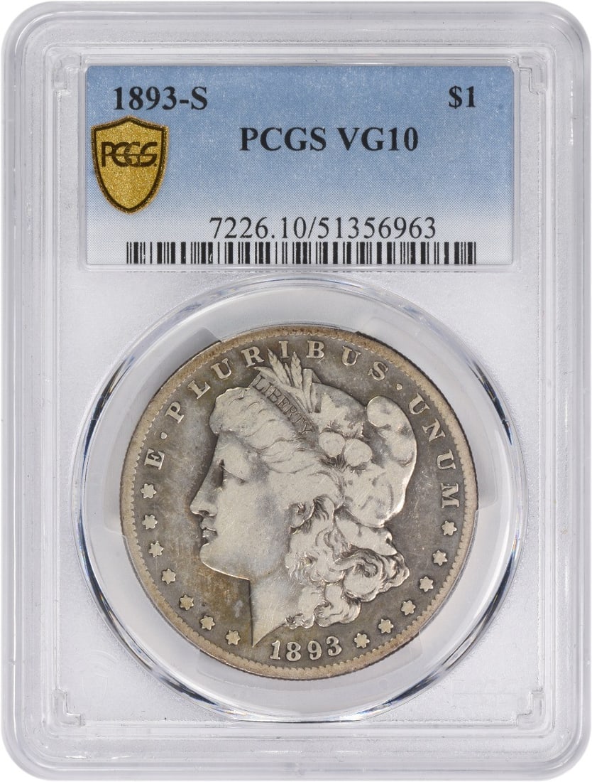 PCGS Graded 1893 San Francisco Morgan Dollar VG10 Silver Coin: PCGS Graded 1893 San Francisco Morgan Dollar VG10 Silver Coin This 1893-S Morgan Silver Dollar is a certified circulated coin graded VG10 by PCGS. Minted in San Francisco, it features a composition of