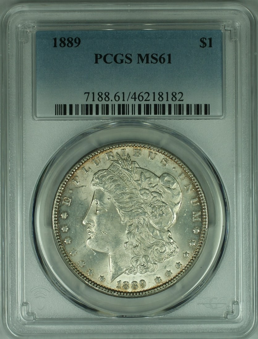 PCGS MS61 Graded 1889 Silver Morgan Dollar Philadelphia Mint: PCGS MS61 Graded 1889 Silver Morgan Dollar Philadelphia Mint This 1889 Morgan Silver Dollar is certified by PCGS with a grade of MS-61, indicating it is in uncirculated condition. Minted in Philadelph