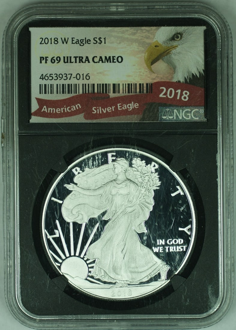 NGC PR-69 Ultra Cameo 2018-W 1 Oz Silver Eagle Coin: NGC PR-69 Ultra Cameo 2018-W 1 Oz Silver Eagle Coin This 2018-W American Silver Eagle is a 1 ounce coin struck from .999 fine silver. Certified by NGC with a PR-69 Ultra Cameo grade, it showcases exce