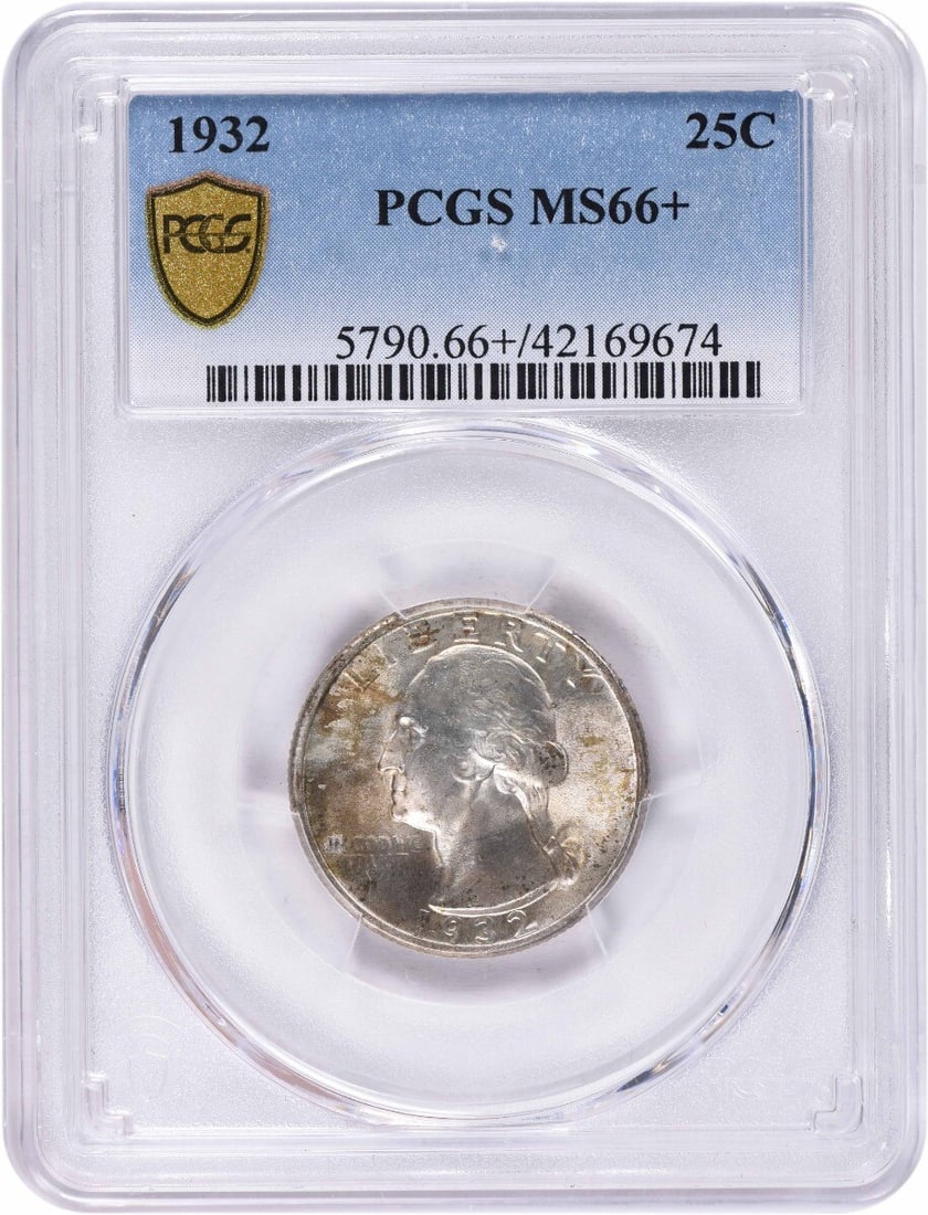 1932 Washington Silver Quarter MS66 PCGS Uncirculated: 1932 Washington Silver Quarter MS66 PCGS Uncirculated This 1932 Washington Silver Quarter is graded MS66+ by PCGS, indicating its exceptional uncirculated condition. Struck in silver and with no mint