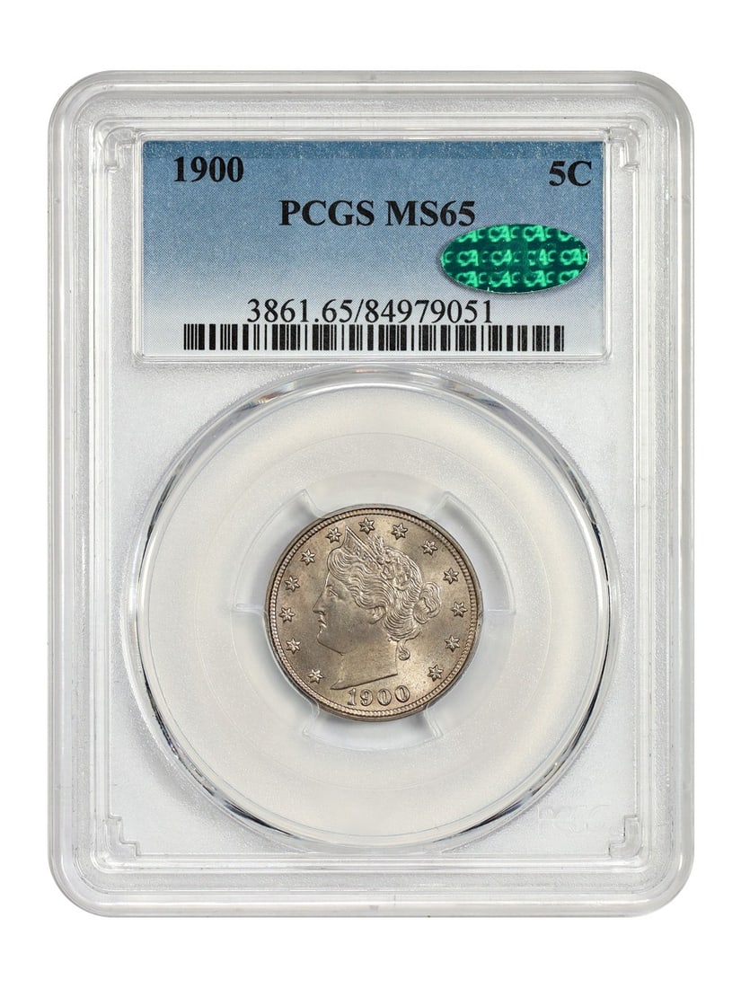 1900 Liberty Nickel 5 Cent Coin PCGS CAC MS65 Philadelphia Mint: 1900 Liberty Nickel 5 Cent Coin PCGS CAC MS65 Philadelphia Mint This is a 1900 Liberty Nickel graded MS65 by PCGS and certified by CAC. The coin is uncirculated and was minted in Philadelphia. It feat