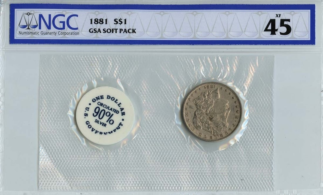 1881 Morgan Silver Dollar NGC XF45 GSA Soft Pack Philadelphia Mint: 1881 Morgan Silver Dollar NGC XF45 GSA Soft Pack Philadelphia Mint This is an 1881 Morgan Dollar presented in a GSA soft pack, certified by NGC with a grade of XF45. The coin was minted in Philadelphi