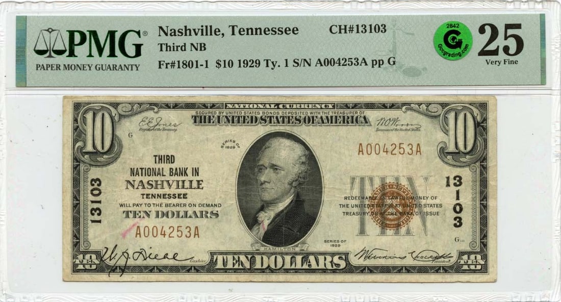 1929 $10 Third National Bank Nashville TN PMG VF25 CH#13103: 1929 $10 Third National Bank Nashville TN PMG VF25 CH#13103 This 1929 $10 note from the Third National Bank of Nashville, Tennessee, is a collectible piece with a denomination of 1801-1. Graded as VF2