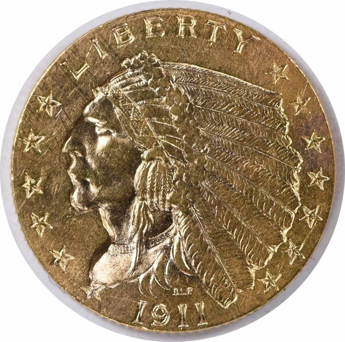 1911 Indian $2.50 Gold Coin AU About Uncirculated Uncertified: 1911 Indian $2.50 Gold Coin AU About Uncirculated Uncertified This 1911 $2.50 Indian Head gold coin from the United States was minted in Philadelphia and is composed of 90% gold and 10% copper. Design