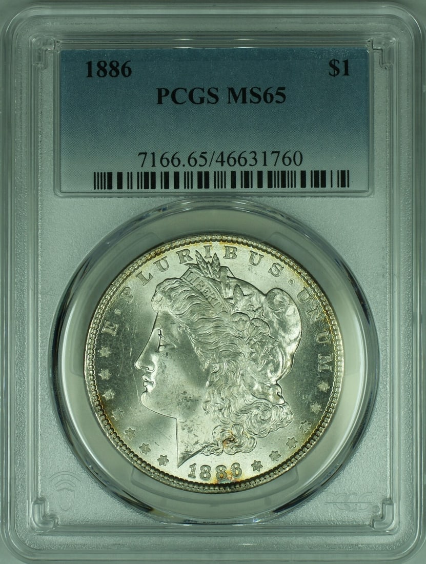 PCGS MS65 Certified 1886 Morgan Dollar Silver Coin Philadelphia Mint: PCGS MS65 Certified 1886 Morgan Dollar Silver Coin Philadelphia Mint This is an 1886 Morgan Silver Dollar coin from the United States, graded MS-65 by PCGS. Struck at the Philadelphia Mint, this uncir
