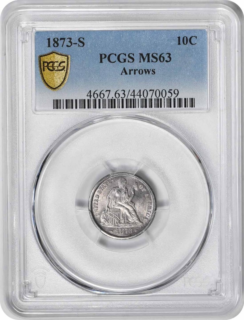 1873-S Liberty Seated Silver Dime MS63 PCGS Uncirculated: 1873-S Liberty Seated Silver Dime MS63 PCGS Uncirculated This 1873-S Liberty Seated Silver Dime features the beautiful design by Christian Gobrecht and is a remarkable example of numismatic history. G