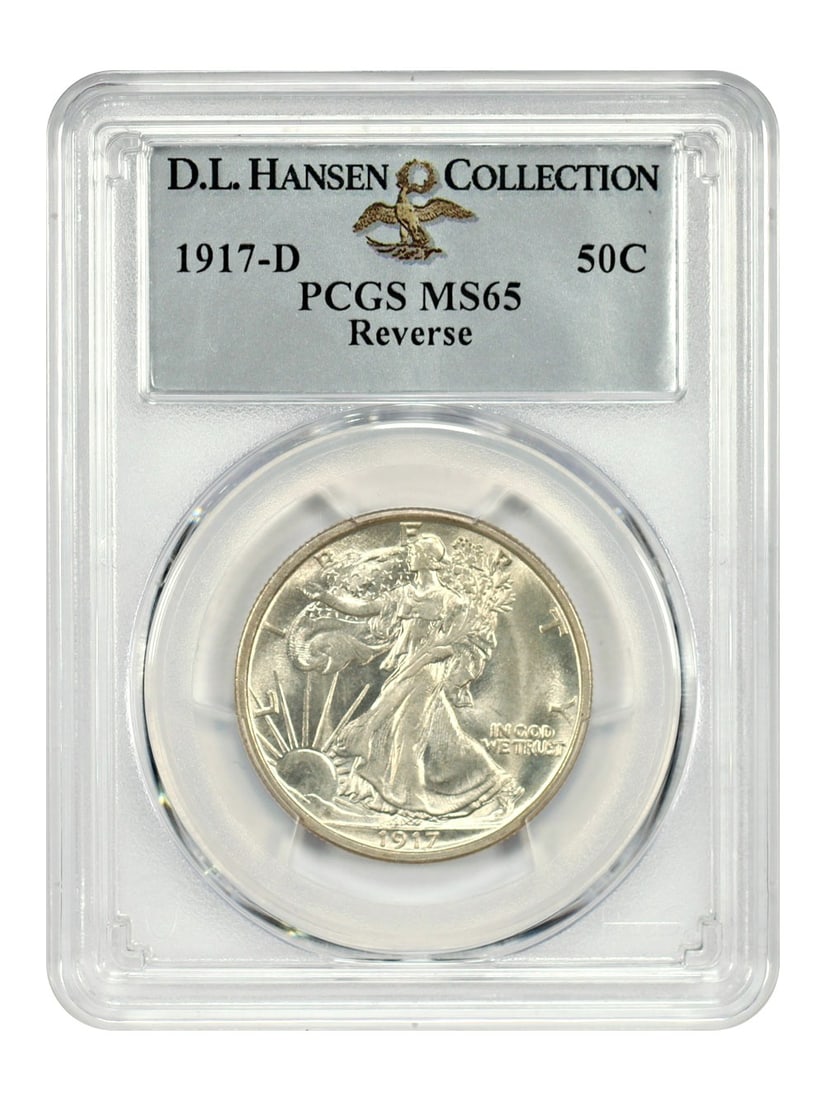 PCGS MS65 1917-D Walking Liberty Half Dollar Reverse Ex D L Hansen: PCGS MS65 1917-D Walking Liberty Half Dollar Reverse Ex D L Hansen This 1917-D Walking Liberty Half Dollar features the mintmark on the reverse and is certified by PCGS as MS65. Struck at the Denver M