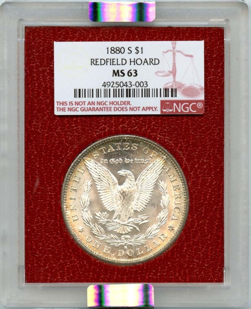1880-S Morgan Dollar NGC MS63 Redfield Hoard Uncirculated Coin: 1880-S Morgan Dollar NGC MS63 Redfield Hoard Uncirculated Coin This 1880-S Morgan Dollar is a remarkable piece from the Redfield Hoard, graded MS63 by NGC, ensuring its uncirculated condition. Minted