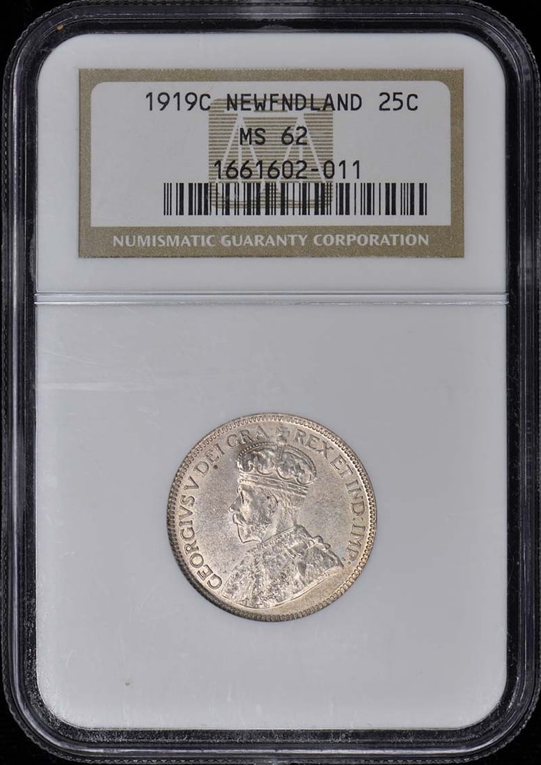 1919 Newfoundland 25C Coin NGC MS62 Certified Uncirculated: 1919 Newfoundland 25C Coin NGC MS62 Certified Uncirculated This 1919 Newfoundland 25 Cent coin is certified by NGC with a grade of MS62, indicating its uncirculated condition. The coin has been graded