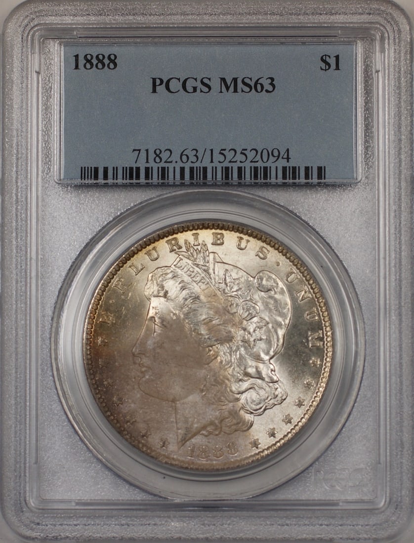 PCGS MS63 Toned 1888 Morgan Silver Dollar Coin Philadelphia Mint: PCGS MS63 Toned 1888 Morgan Silver Dollar Coin Philadelphia Mint This 1888 Morgan Silver Dollar is graded MS-63 by PCGS and features attractive toning. The coin was minted in Philadelphia, remains unc