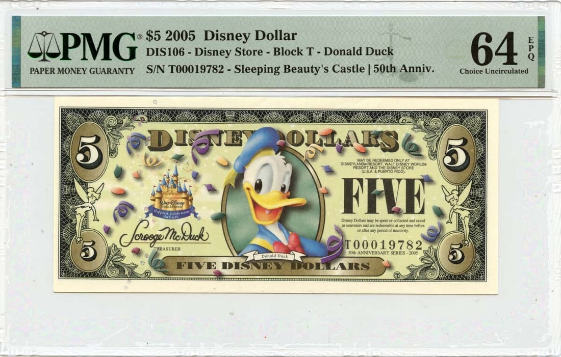 2005 $5 Disney Donald Duck Sleeping Beauty 50th Anniversary PMG CH64 EPQ: 2005 $5 Disney Donald Duck Sleeping Beauty 50th Anniversary PMG CH64 EPQ Celebrate the magic of Disney with this 2005 $5 Donald Duck commemorative note, marking the 50th anniversary of Sleeping Beauty