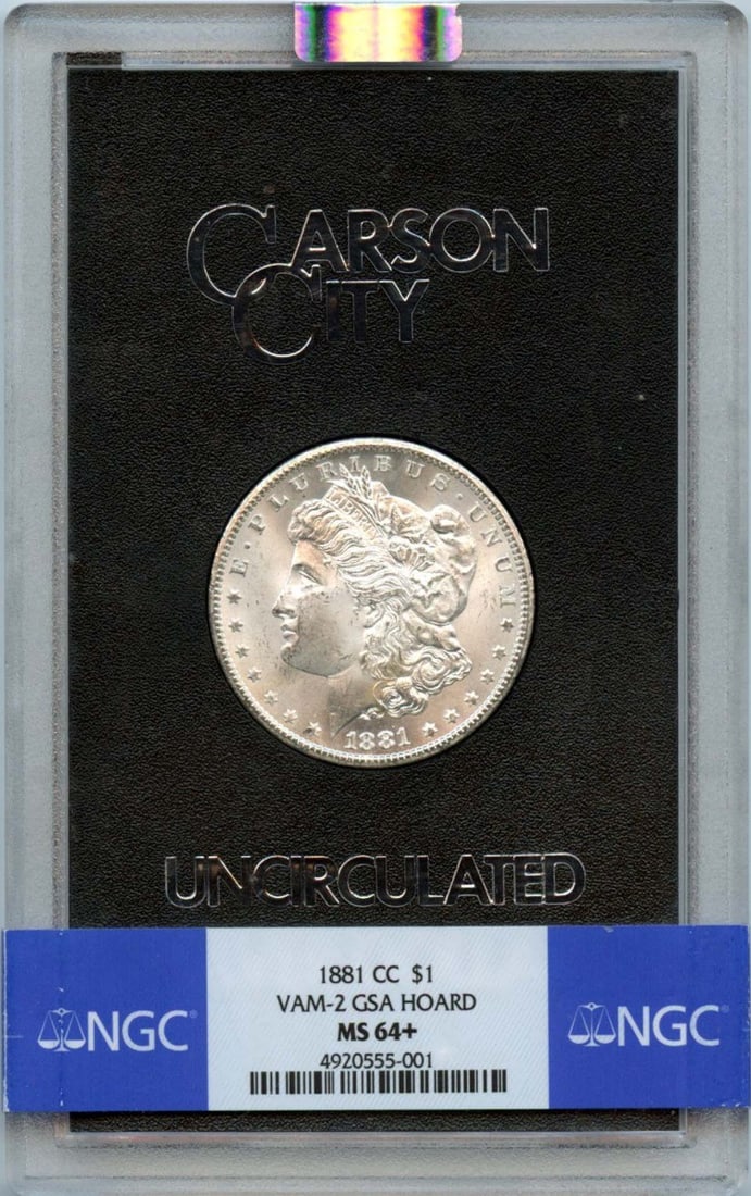 1881-CC Morgan Dollar NGC MS64+ GSA Hoard Coin: 1881-CC Morgan Dollar NGC MS64+ GSA Hoard Coin This 1881-CC Morgan Dollar is a stunning example from the Carson City mint, certified by NGC with a high grade of MS64+. It showcases the classic design