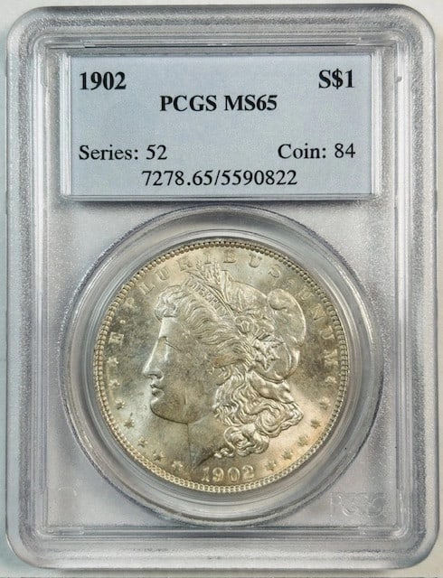 PCGS MS65 1902 Philadelphia Silver Morgan Dollar Coin: PCGS MS65 1902 Philadelphia Silver Morgan Dollar Coin This 1902 Morgan Silver Dollar is certified by PCGS with a grade of MS-65, indicating it is in uncirculated condition. Minted in Philadelphia, thi