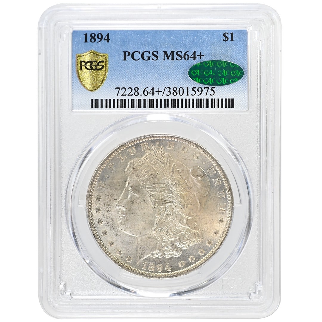 PCGS MS64 Plus CAC 1894 Morgan Silver Dollar Philadelphia Mint: PCGS MS64 Plus CAC 1894 Morgan Silver Dollar Philadelphia Mint This 1894 Morgan Dollar features a PCGS MS64+ grade with CAC approval, indicating high quality and eye appeal. Struck at the Philadelphia