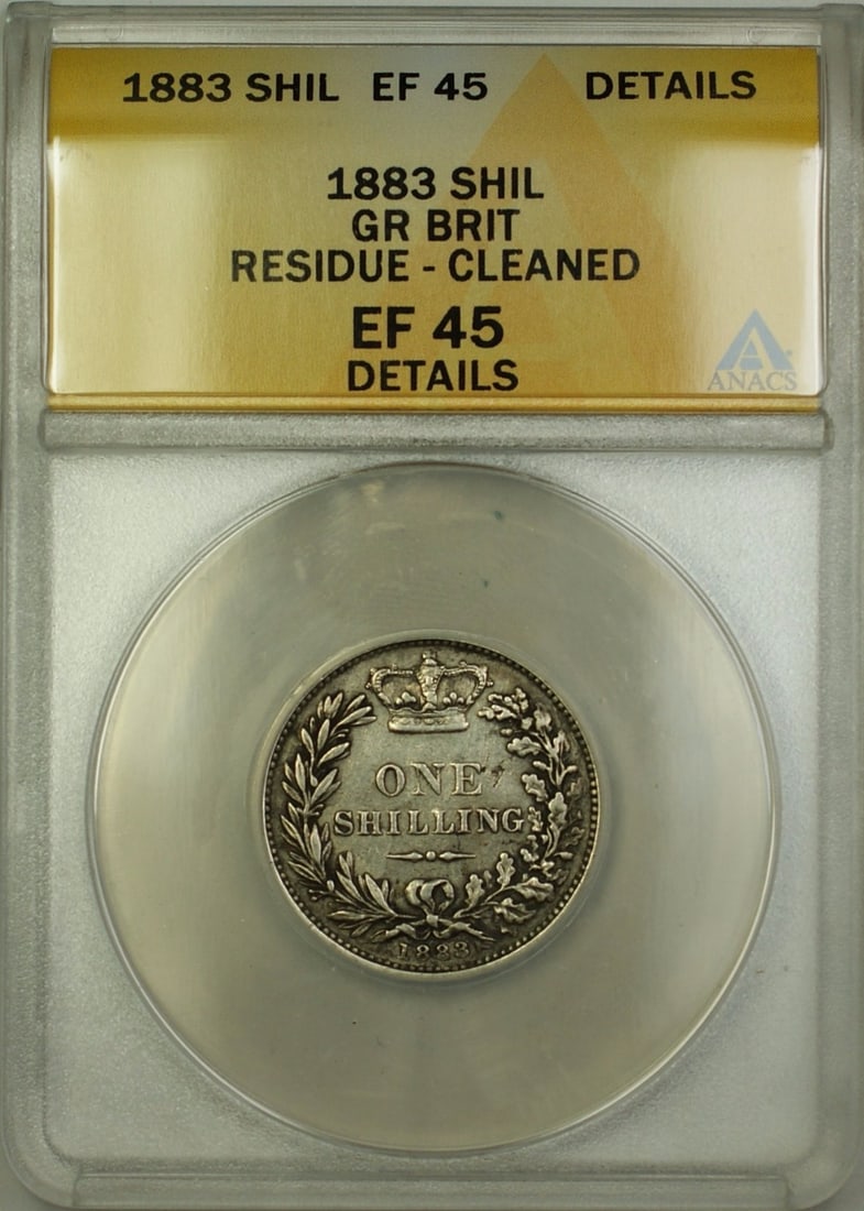 1883 United Kingdom Silver Shilling ANACS EF-45 Details Certified Coin: 1883 United Kingdom Silver Shilling ANACS EF-45 Details Certified Coin This 1883 Great Britain 1 shilling coin is composed of silver and has been graded by ANACS as EF-45 Details, indicating it is in