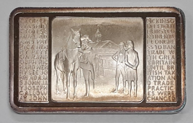 1 Ounce .999 Silver Bar Commemorating First Continental Congress 1974: 1 Ounce .999 Silver Bar Commemorating First Continental Congress 1974 This 1974 Mount Everest Mint silver bar commemorates the 200th Anniversary of the First Continental Congress. Struck in the United