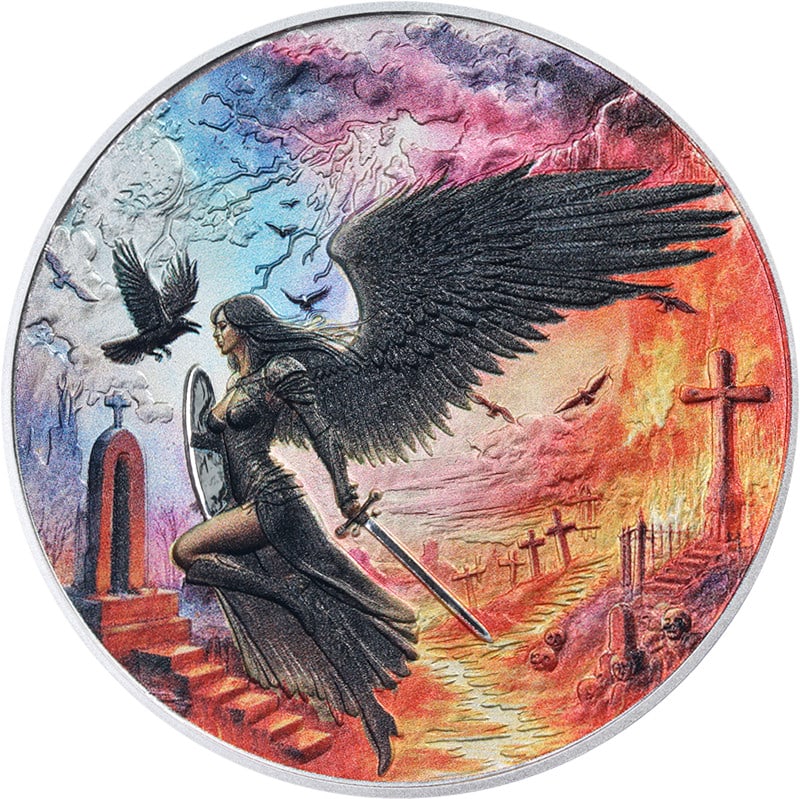 42g Silver 2025 Niue $5 Battle of Good and Evil Reverse Proof Coin OGP: 42g Silver 2025 Niue $5 Battle of Good and Evil Reverse Proof Coin OGP This 2025 Niue $5 Battle of Good and Evil coin contains 42 grams of .999 fine silver and features a reverse proof finish. Issued