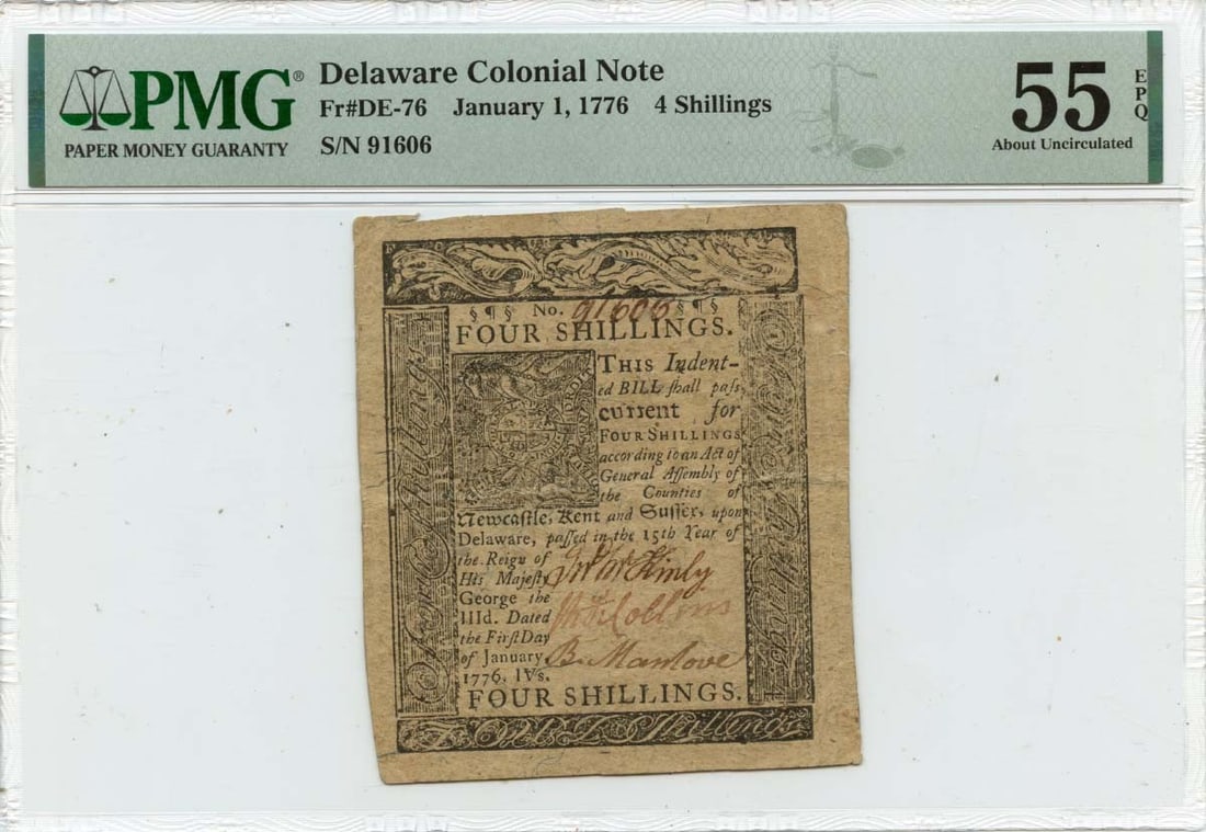 1776 Delaware 4 Shillings Colonial Note PMG AU55 EPQ (1 of 2)