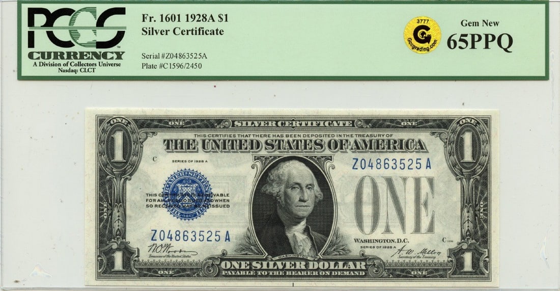 1928A $1 Silver Certificate Fr#1601 PCGS GEM 65 PPQ: 1928A $1 Silver Certificate Fr#1601 PCGS GEM 65 PPQ This stunning 1928A $1 Silver Certificate, designated as Fr#1601, is graded by PCGS Currency as GEM 65 PPQ, indicating its exceptional quality and p