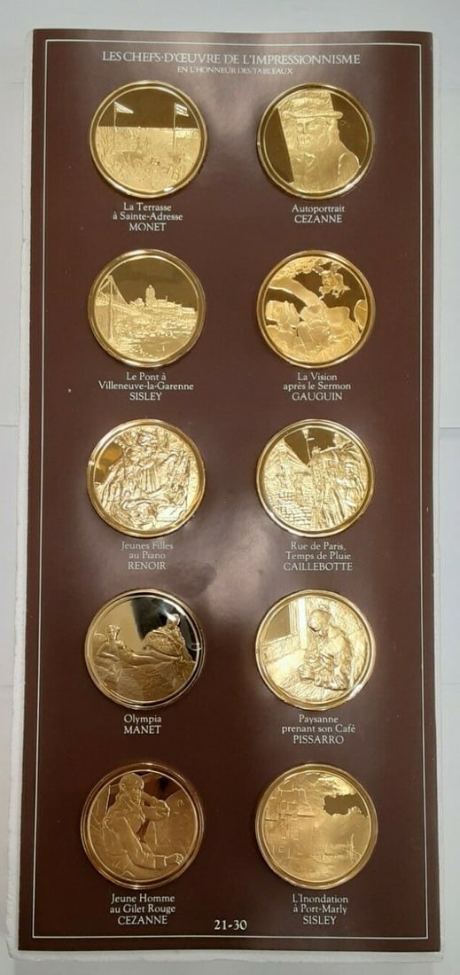 Set of 30 Gold Plated Sterling Silver Impressionist Art Medals France: Set of 30 Gold Plated Sterling Silver Impressionist Art Medals France This set celebrates the centennial of Impressionism with 30 proof medals, each plated in 24K gold over sterling silver. Struck by