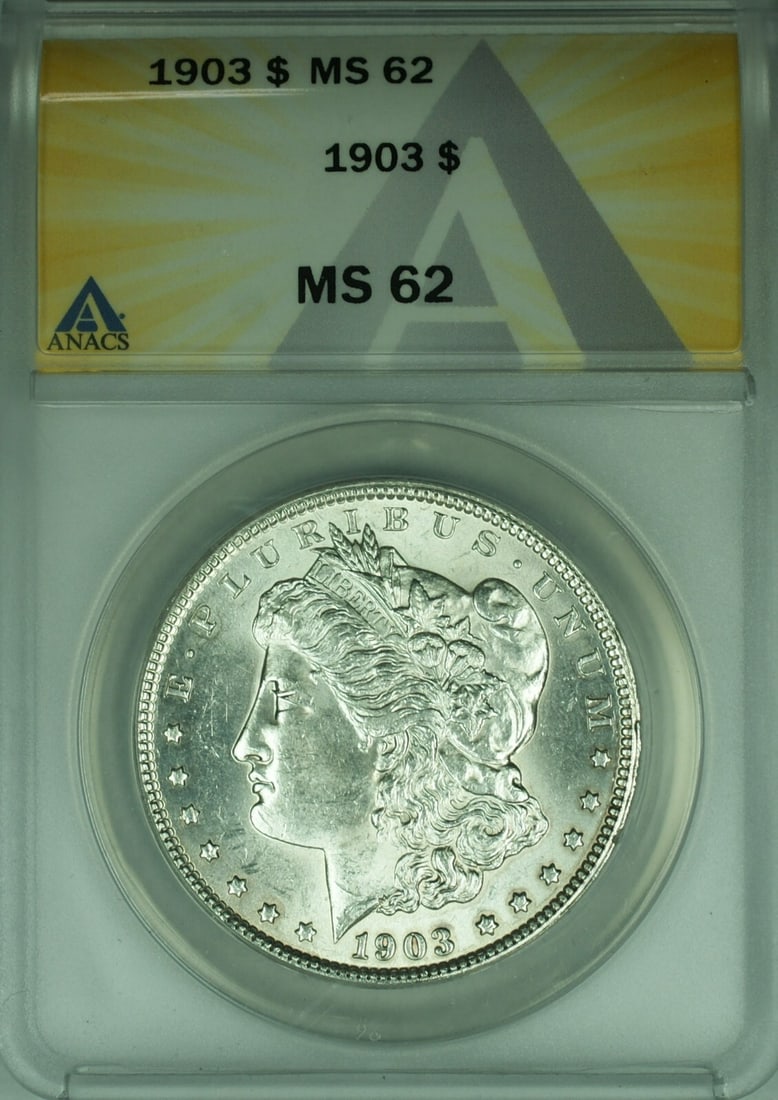 ANACS MS62 1903 Morgan Dollar Silver Coin from Philadelphia Mint: ANACS MS62 1903 Morgan Dollar Silver Coin from Philadelphia Mint This 1903 Morgan Silver Dollar features a denomination of $1 and was minted in Philadelphia. Graded MS 62 by ANACS, it is composed of s