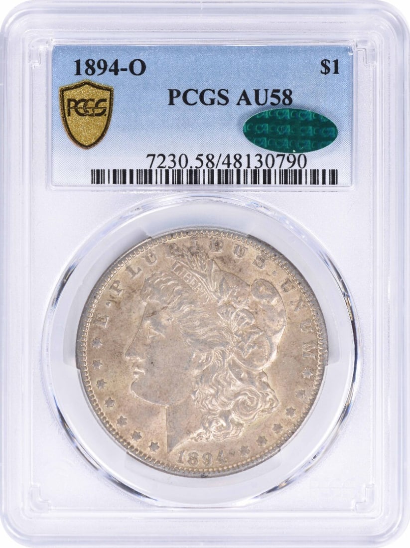1894-O Morgan Silver Dollar AU58 PCGS Certified New Orleans Coin: 1894-O Morgan Silver Dollar AU58 PCGS Certified New Orleans Coin This 1894-O Morgan Silver Dollar is a stunning piece from the New Orleans mint, graded AU58 by PCGS with CAC certification. The coin fe