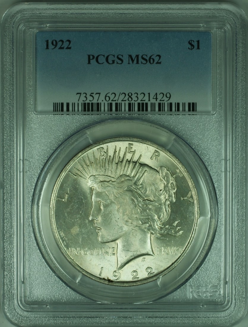 PCGS MS62 1922 Peace Dollar Uncirculated Silver Coin Philadelphia Mint: PCGS MS62 1922 Peace Dollar Uncirculated Silver Coin Philadelphia Mint This is a 1922 Peace Silver Dollar $1 coin from the United States, certified by PCGS with a grade of MS 62. The coin was minted i