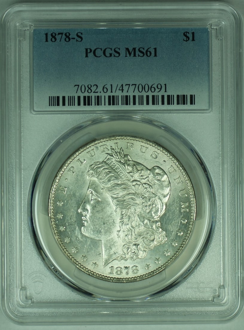 PCGS MS 61 1878-S Morgan Silver Dollar Coin United States $1: PCGS MS 61 1878-S Morgan Silver Dollar Coin United States $1 This is an 1878-S Morgan Silver Dollar coin graded MS 61 by PCGS. The coin is composed of silver and is uncirculated. It features the iconi
