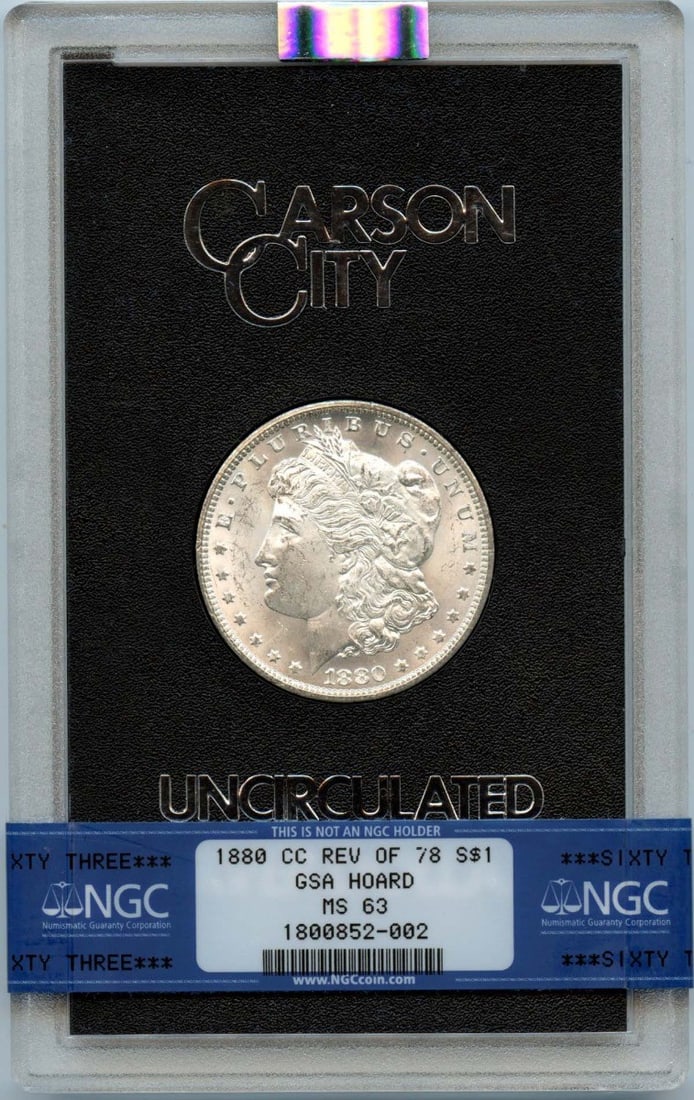 1880-CC Morgan Dollar VAM-7 NGC MS63 GSA Hoard Coin: 1880-CC Morgan Dollar VAM-7 NGC MS63 GSA Hoard Coin This 1880-CC Morgan Dollar is a remarkable piece, graded MS63 by NGC, certifying its uncirculated condition. Struck at the Carson City Mint, this co