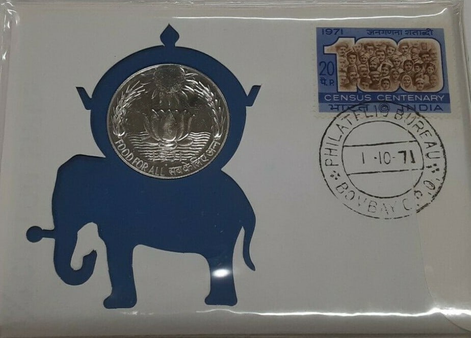 India 1971 10 Rupees 80 Percent Silver Coin and Stamp in FAO FDC: India 1971 10 Rupees 80 Percent Silver Coin and Stamp in FAO FDC This set features a 1971 India 10 Rupees coin composed of 80% silver, presented alongside an India stamp in a First Day Cover format. I